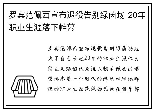 罗宾范佩西宣布退役告别绿茵场 20年职业生涯落下帷幕
